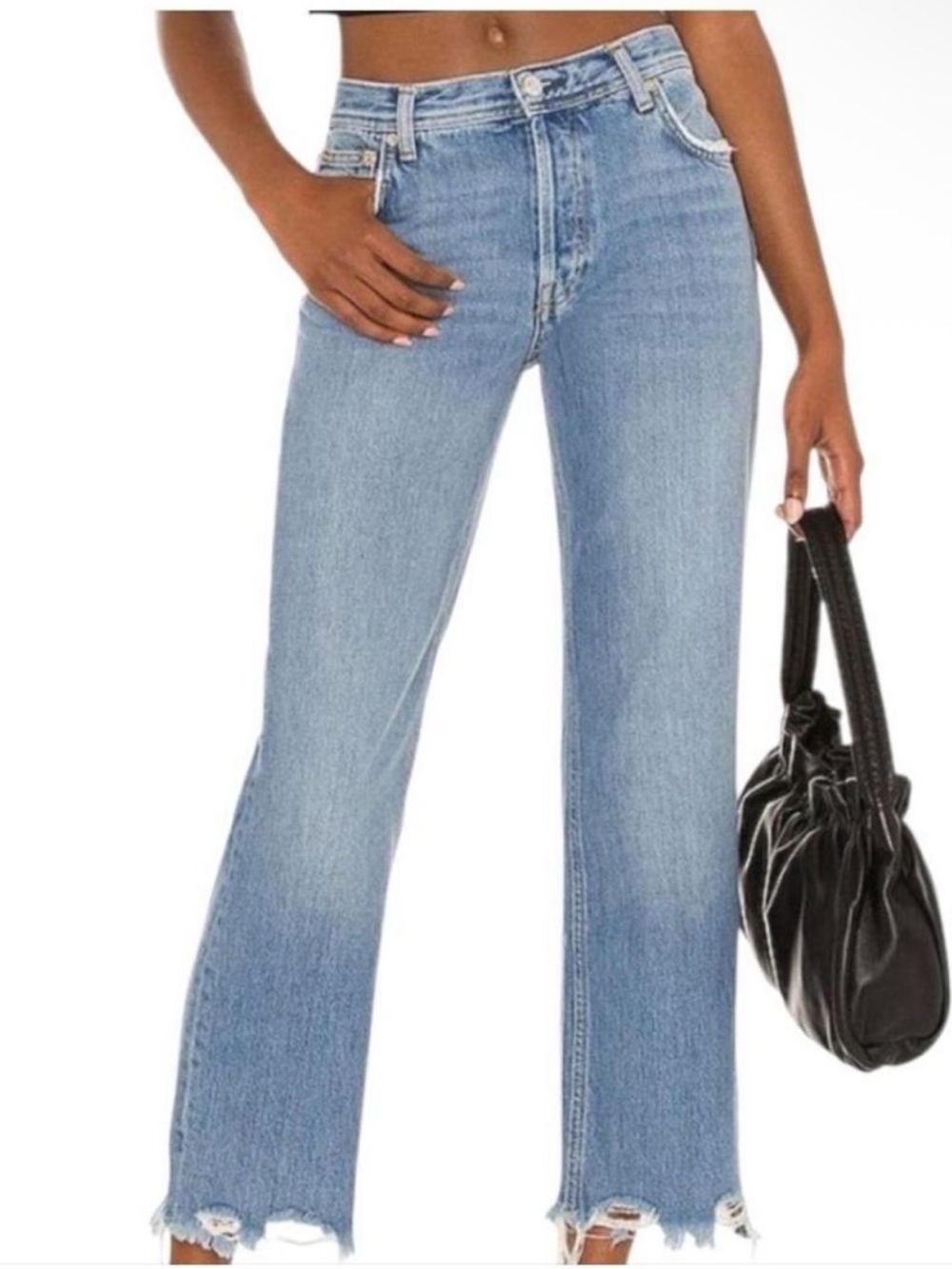 NWOT Free People Maggie Mid Rise Light Blue Cropped Frayed-Hem Jeans - Picture 3 of 7
